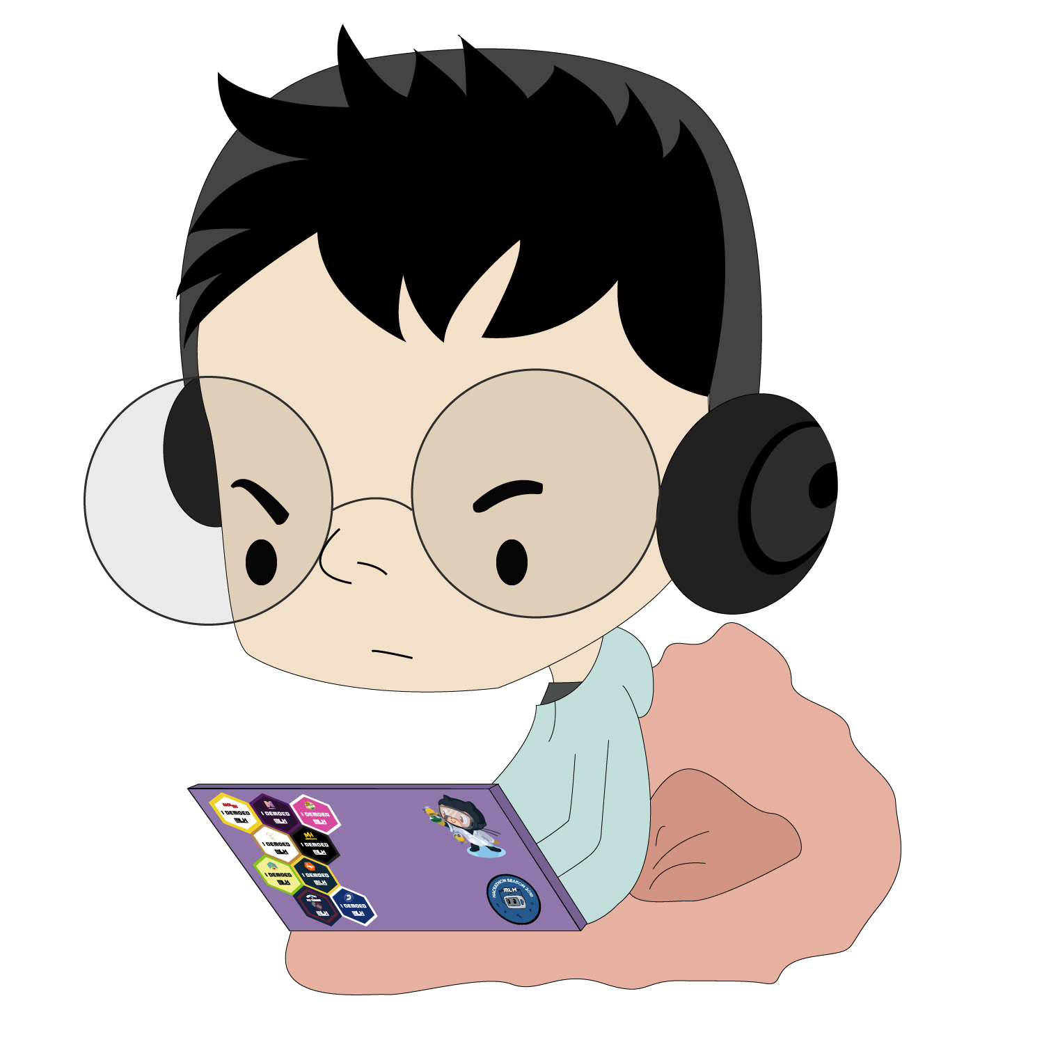 
                  Commissioned image icon of me coding with a pair of black headphones on while sitting on a pink
                  bean bag wearing a light blue hoodie. The laptop is purple with a bunch of mostly MLH demo
                  stickers on it.
                